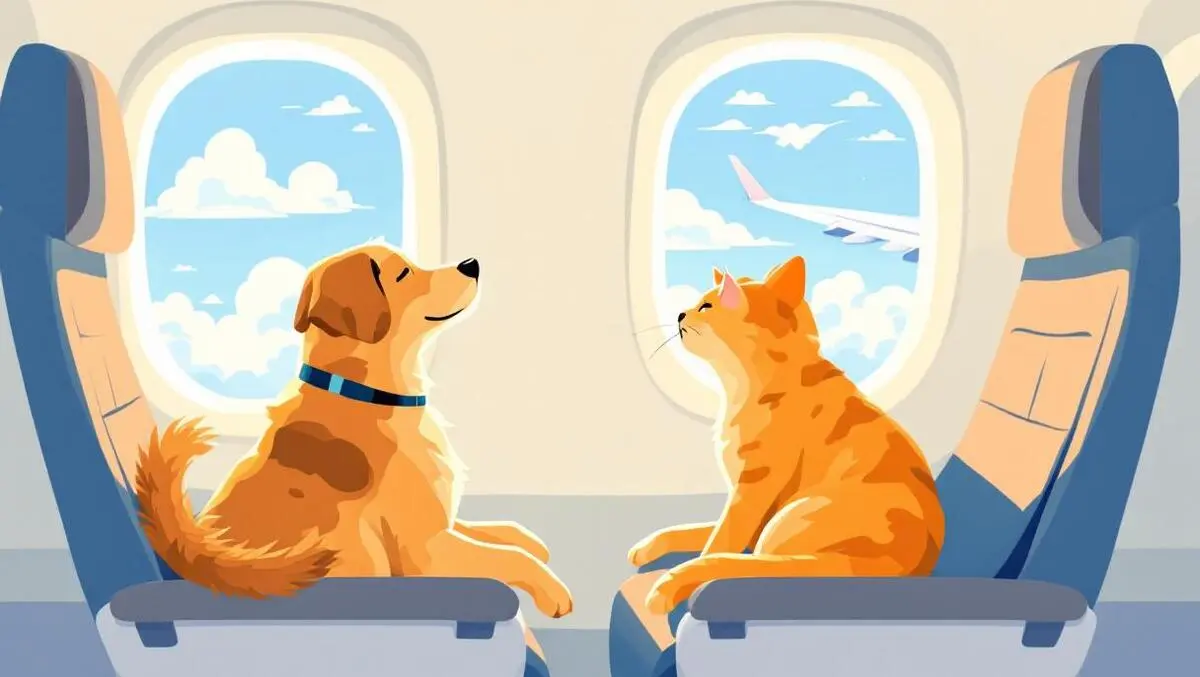Illustration relaxed dog cat on airplane seats looking out window pet travel