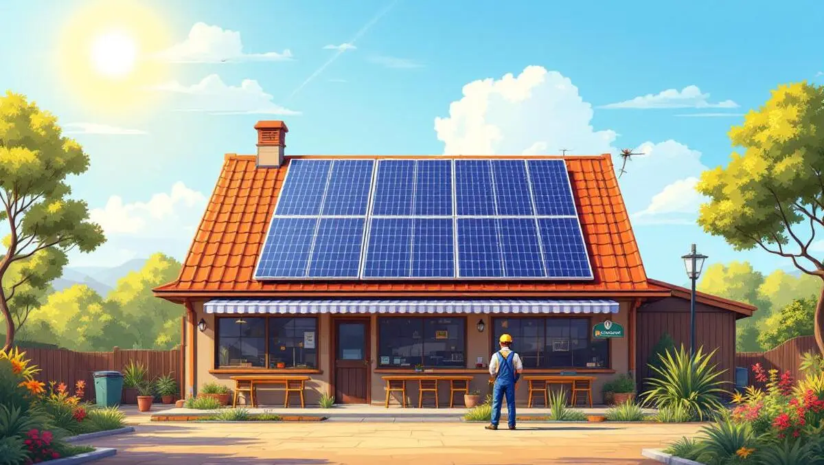 Solar panels on restaurant rooftop in sunny australian landscape technician inspecting
