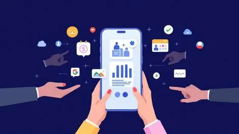 Digital smartphone abstract service management billing icons collaboration