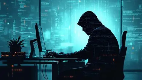 Realistic illustration business office australia shadowy figure computer ai cyber attacks
