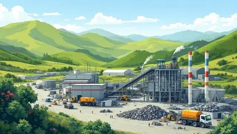Realistic illustration modern waste processing facility new zealand green hills advanced machinery