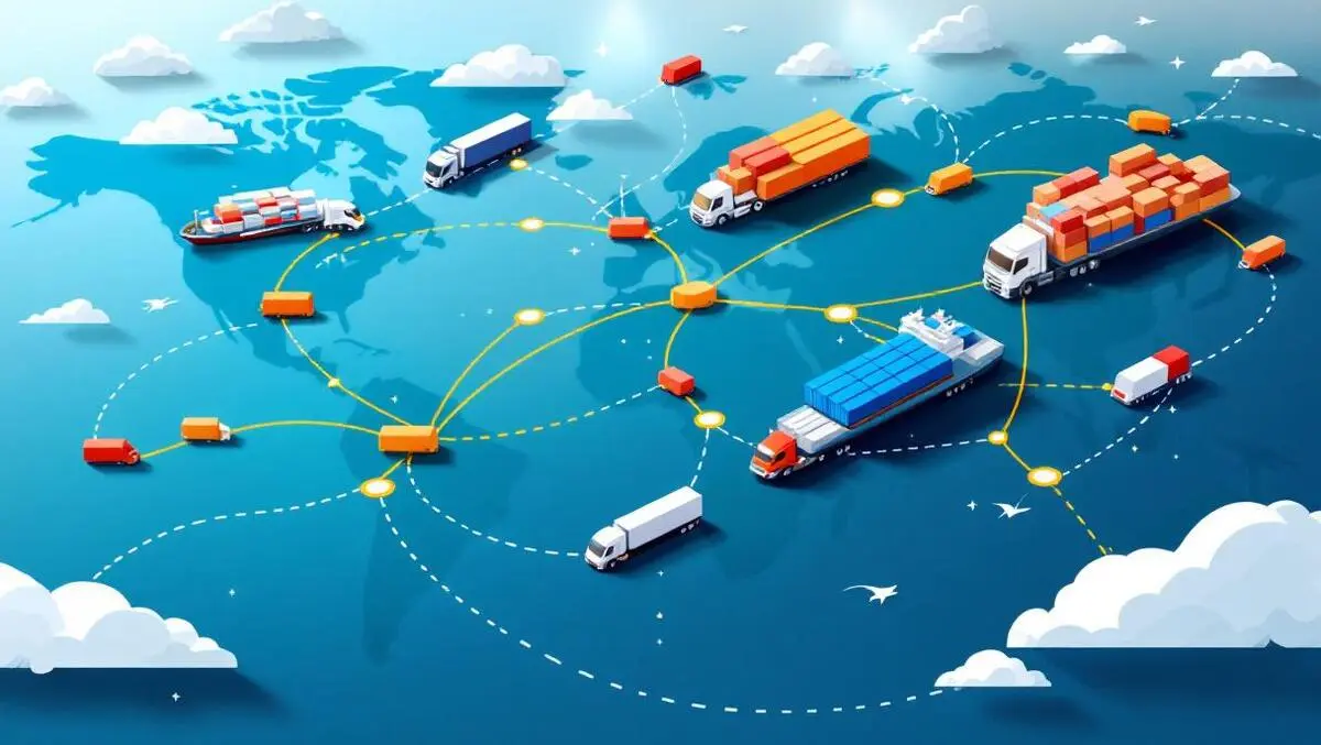 Modern trucks cargo ships global supply chains transportation routes map