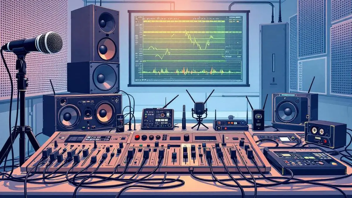 Professional audio equipment microphones mixers wireless transmitters network modern studio