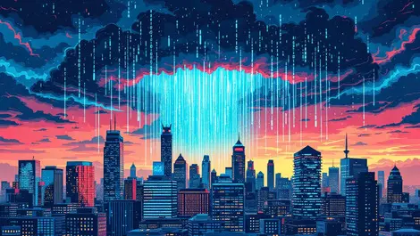 Australian city skyline digital code storm clouds cyber threats corporate office buildings