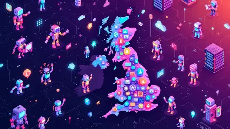 Colorful illustration robots servers map united kingdom ai growth expansion