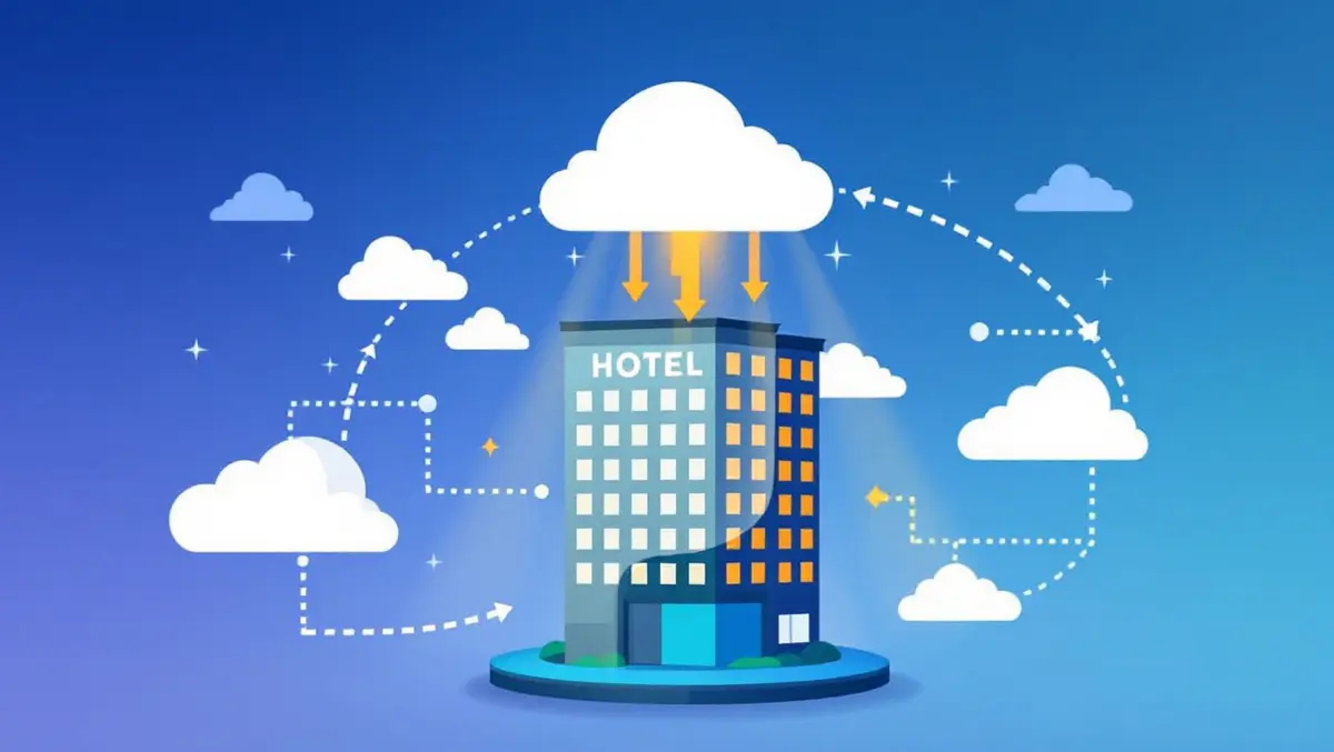 Modern hotel building connected to digital cloud symbolizing unified hotel management