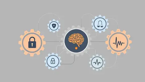 Ai powered compliance finance healthcare interconnected gears shield lock