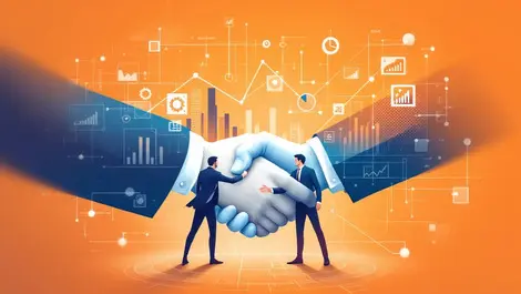 Business people shaking hands technology data analytics acquisition graphs