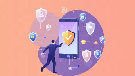 Smartphone with protective shields security icons shadowy figure breach