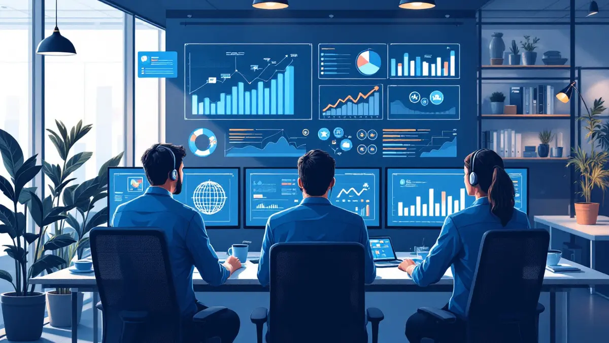 Australian customer service team modern office data analytics charts automation icons