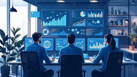 Australian customer service team modern office data analytics charts automation icons