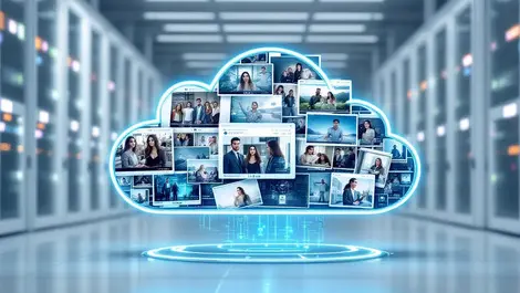 Realistic cloud shaped server digital photos videos ai facial recognition processing data center