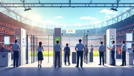 Realistic security checkpoint sports stadium facial recognition cameras scanning faces