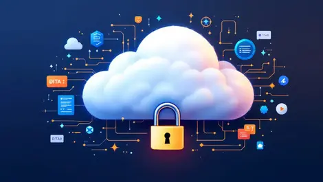 Secure cloud with strong padlock and digital data symbols for robust data security
