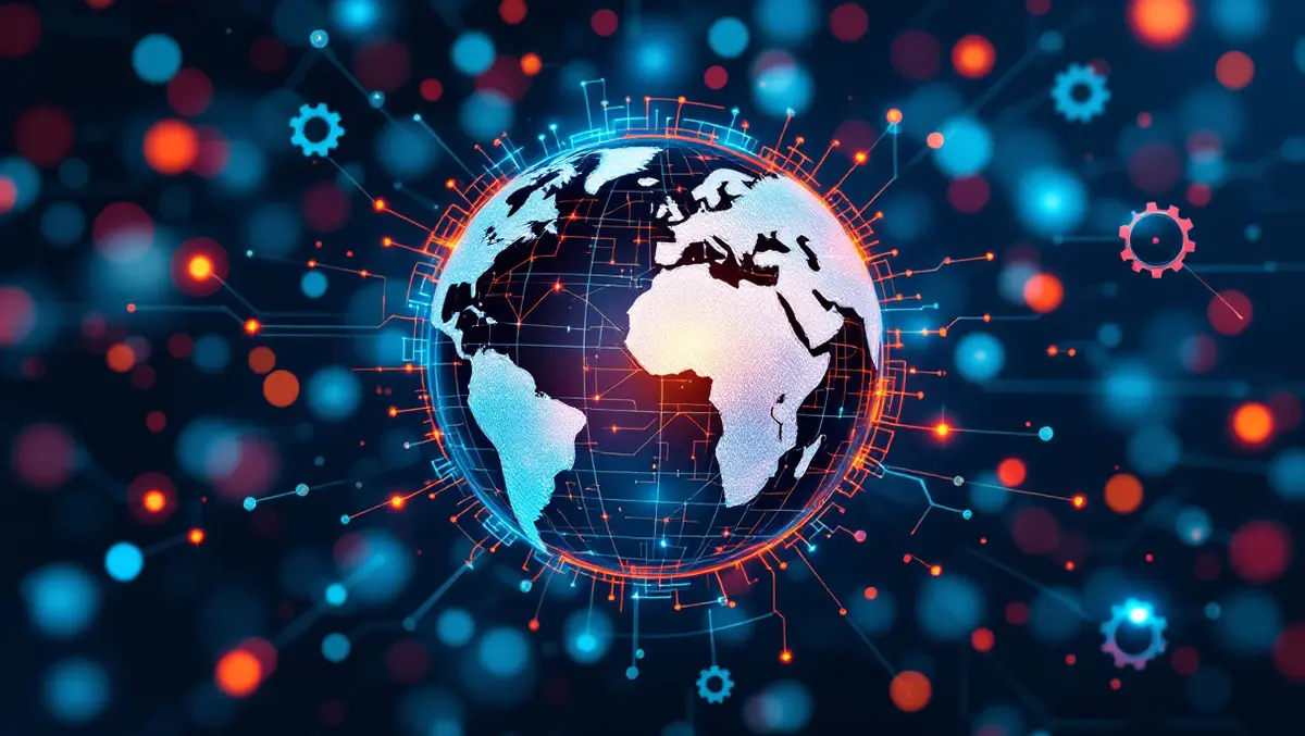 Interconnected gears circuit patterns globe global collaboration ai automation