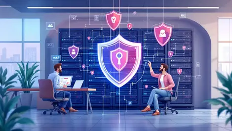 It team modern office analyzing digital security shields server rack
