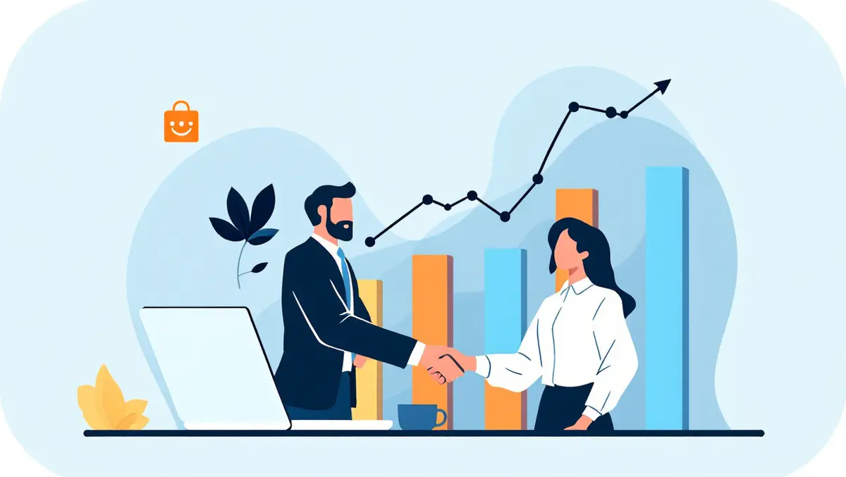 Businesspeople shaking hands laptop rising bar chart successful software deals