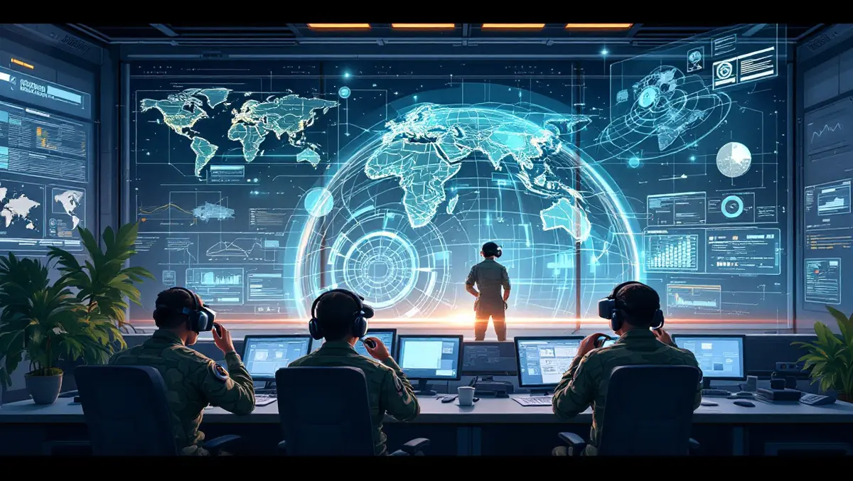 Military personnel advanced headsets holographic maps digital overlays high tech command center