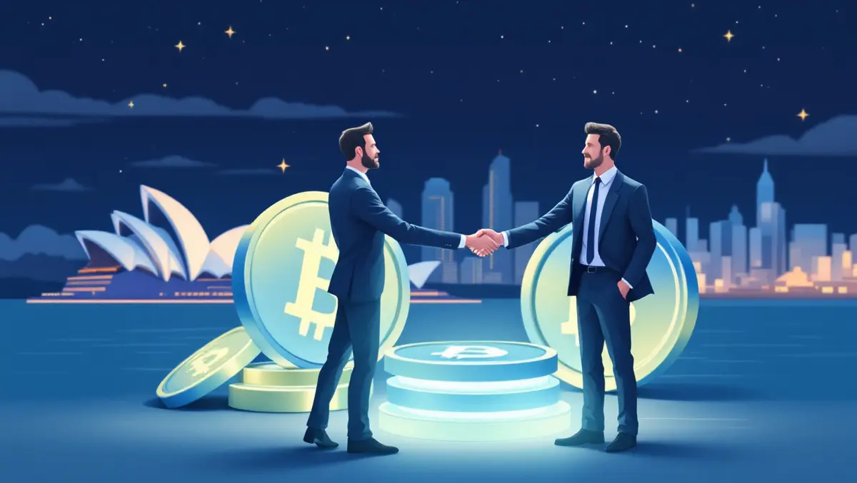 Businessmen shaking hands digital coins sydney opera house city skyline financial acquisition crypto australia