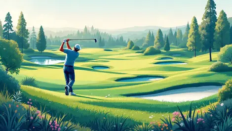 Golfer mid swing on golf course with ai network nodes artificial intelligence