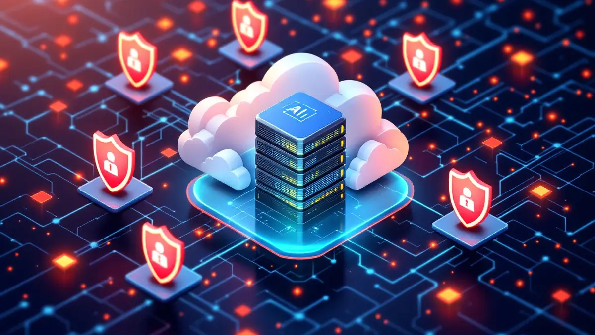 Digital illustration interconnected cloud servers protective shields ai security threat detection