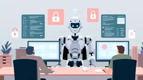 Ai robot central figure office workspace people monitoring screens data security