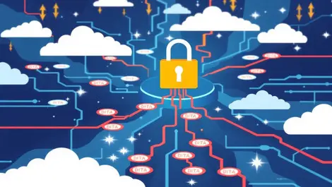 Computer network illustration data streams lock symbol data breach privacy security