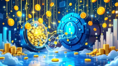 Digital illustration secure data vault gold coins data symbols flowing high roi ai management