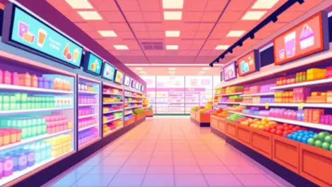 Supermarket aisle digital screens product ads vibrant modern retail marketing