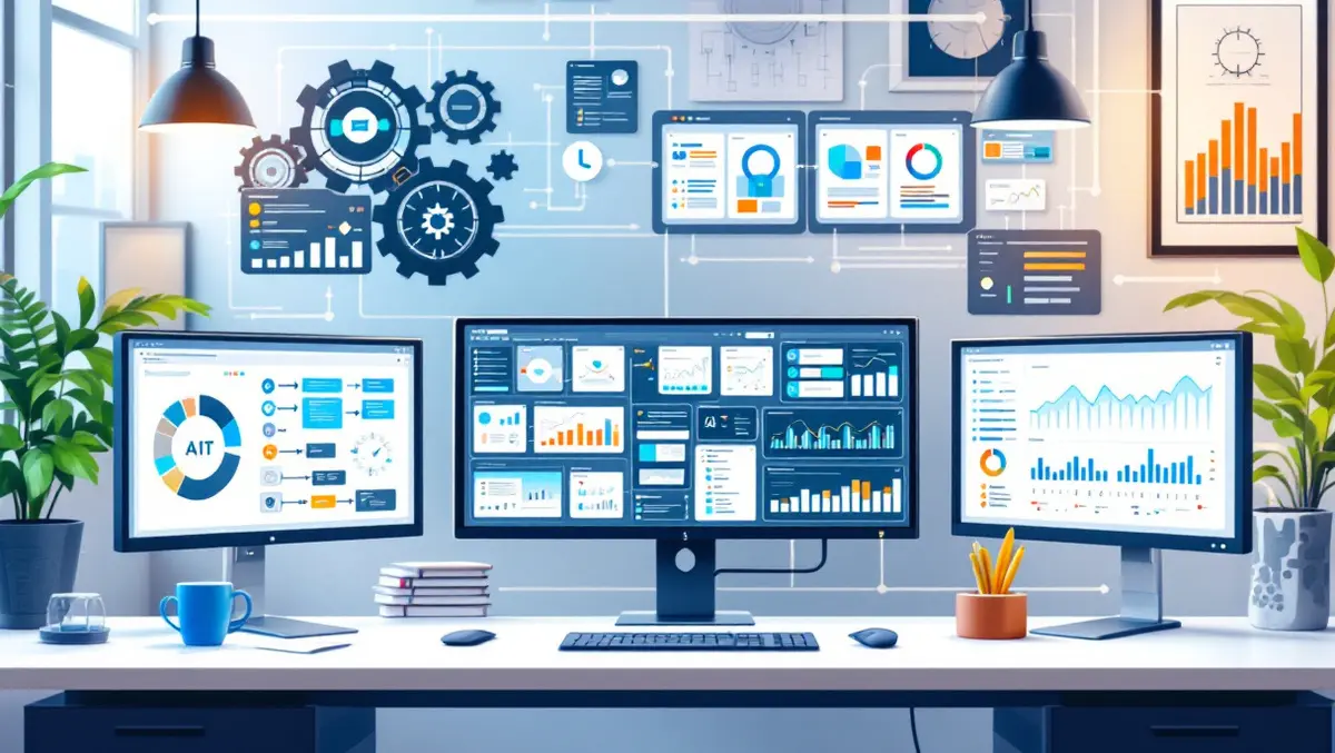 Modern office workspace computer screens automation workflows flowcharts analytics ai