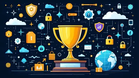 Cybersecurity trophy shields locks globe achievement risk management corporate responsibility