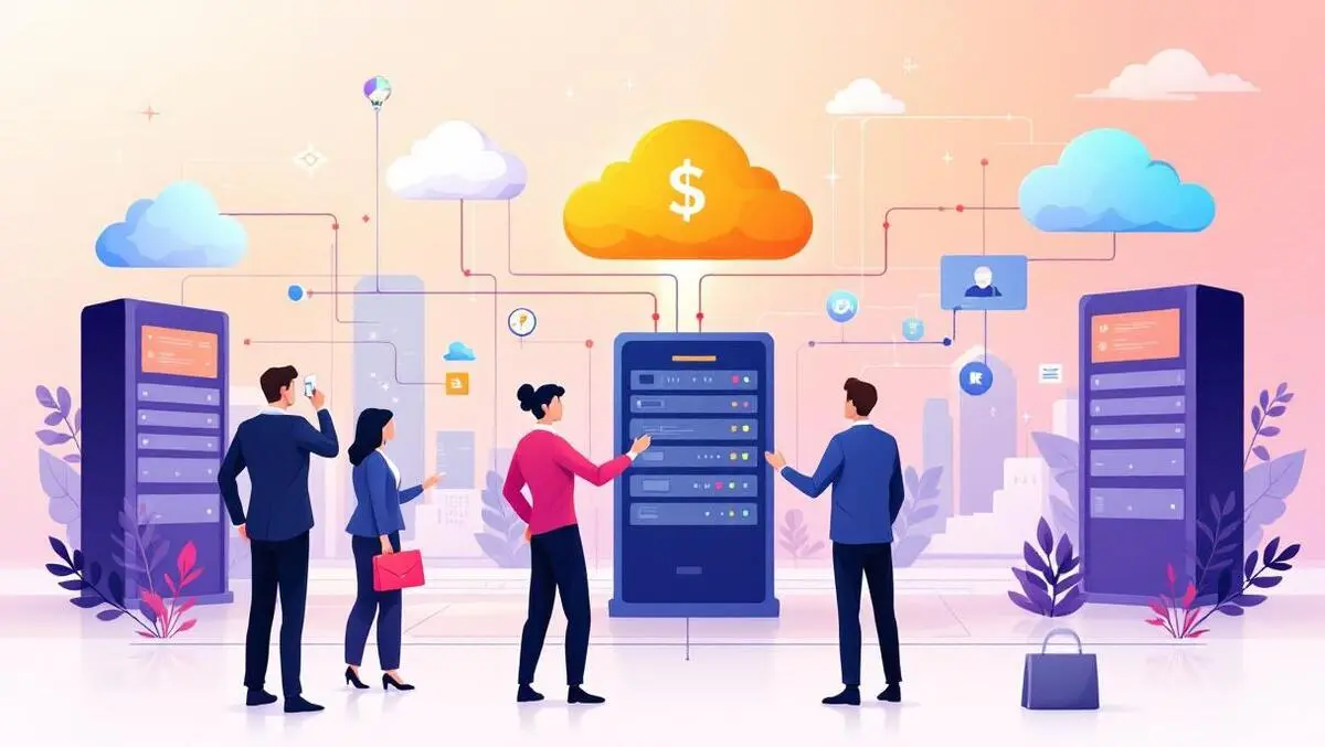 Business professionals collaborating computer servers cloud icons global partnership