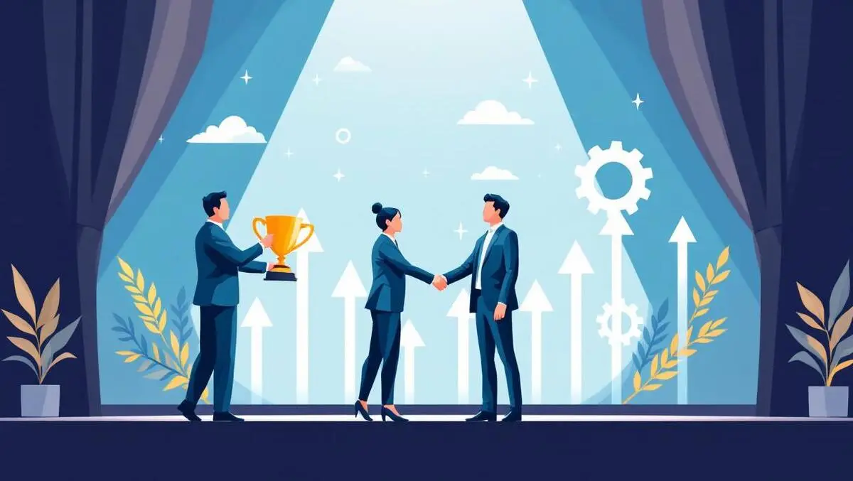 Asia pacific business awards professionals shaking hands exchanging trophies stage growth innovation