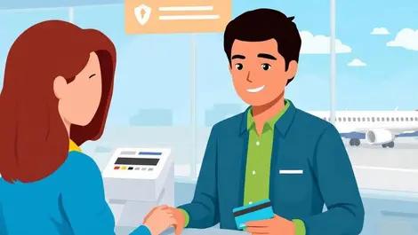 Airline check in counter secure payment terminal passenger airplane background