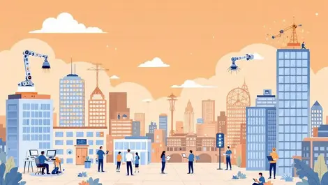 Canadian manitoba cityscape modern offices ai robotic arms network tech hub