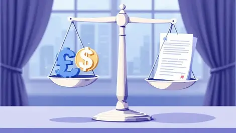 Balanced scales currency symbols official documents formal office setting