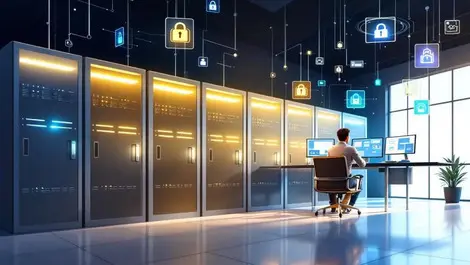 Modern enterprise server room secure locked cabinets digital security icons it professional monitoring