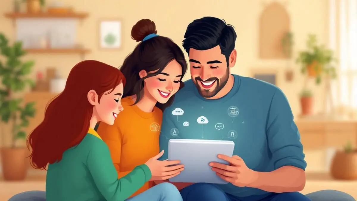 Australian family using digital tablet insurance icons data personalisation modern home