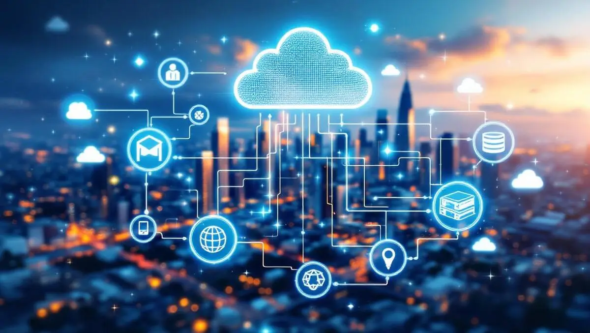 Digital illustration servers cloud icons interconnected melbourne cityscape data integration