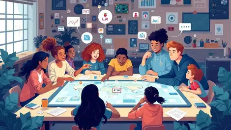 Global students interacting with digital technology icons on tablet in classroom