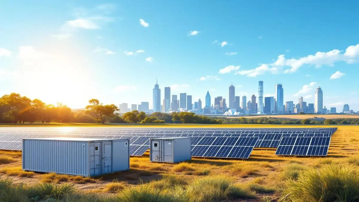 Australian solar field with large battery storage units sydney skyline