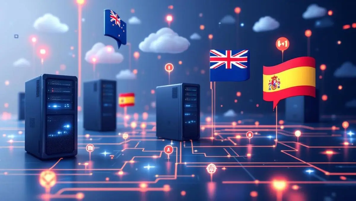 Ai powered language translation cloud servers new zealand spain flags digital symbols