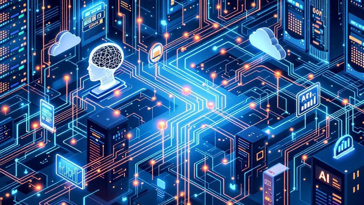 Flowing data streams connecting computer servers ai brains data integration