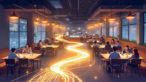 Busy restaurant glowing digital pathway automated personalized marketing