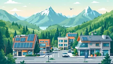 Modern mountain town solar panels renewable energy data center security cameras