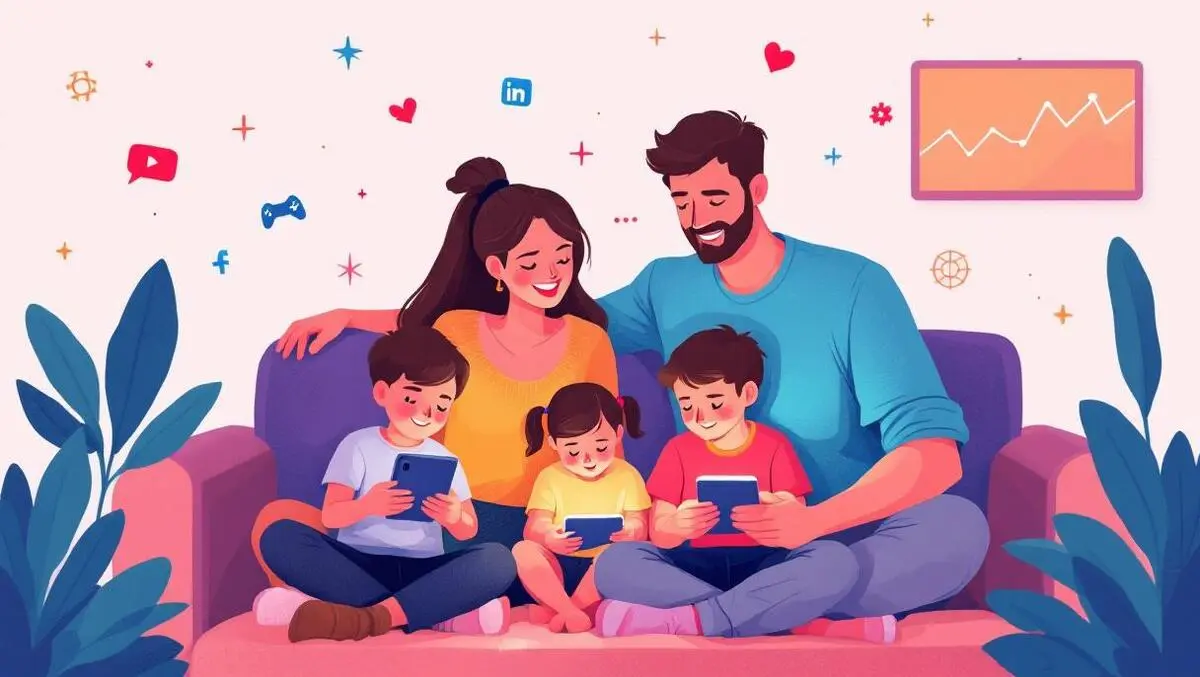 Australian family engaged with smartphones tablets laptops digital icons online activity