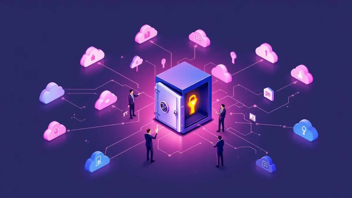 Secure digital vault surrounded by cloud icons it staff managing identity keys