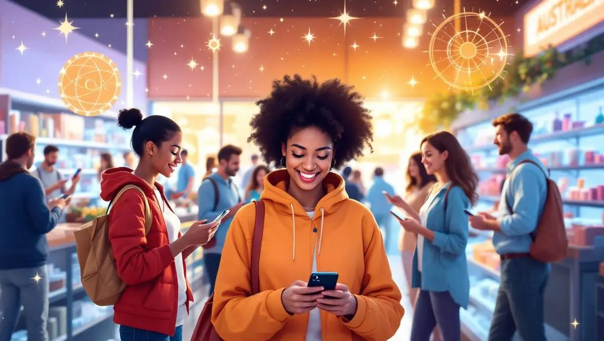 Australian shoppers examining smartphones tech gadgets celestial astrology influence