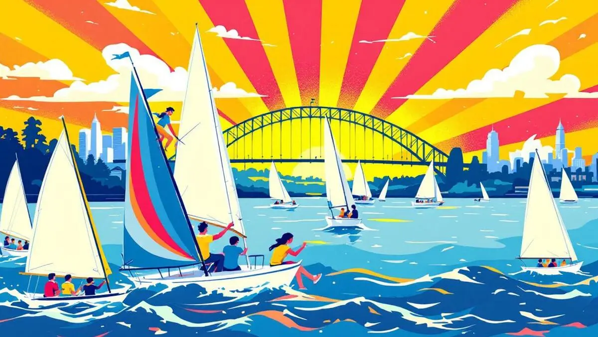 Colorful sailing regatta on sydney harbour with racing teams and sunny sky