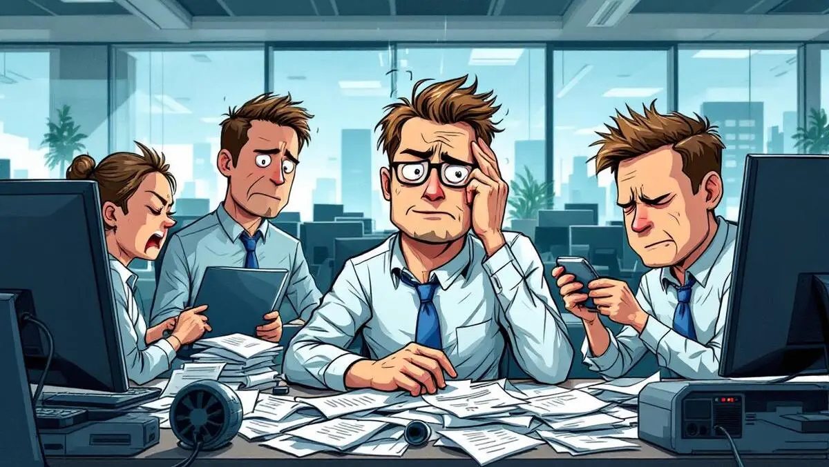 Frustrated australian office workers struggling with malfunctioning computers in open plan workspace